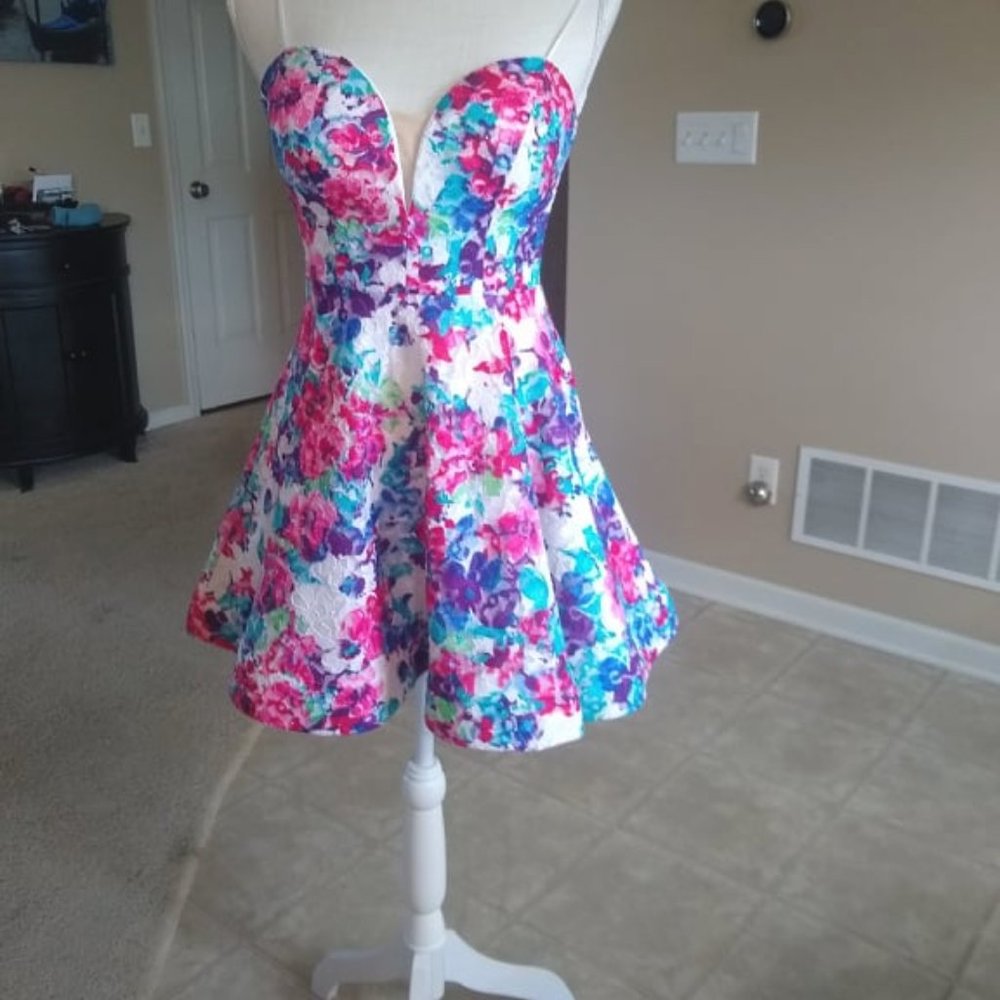 Multi colored Floral Lace  Strapless Lined Cocktail Dress